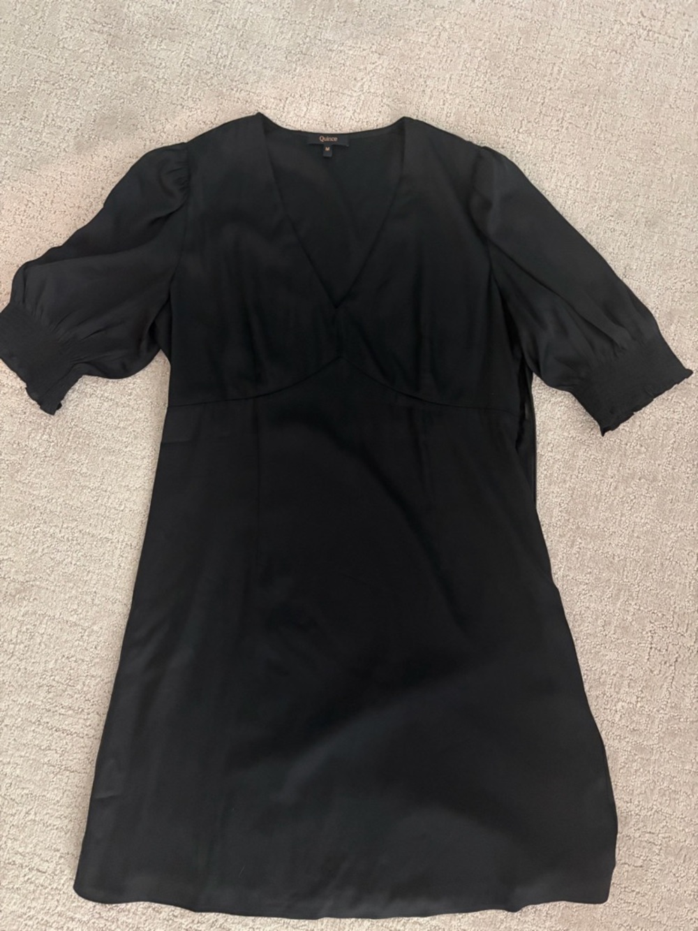 QUINCE Black V-Neck Puff Sleeve Mini Dress - Picture 3 of 3